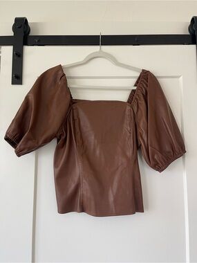 Brown Faux Leather Puff-Sleeve Top